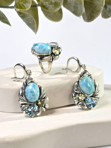 Серебряные серьги ETERI с ларимаром, топазом и лимонным кварцем